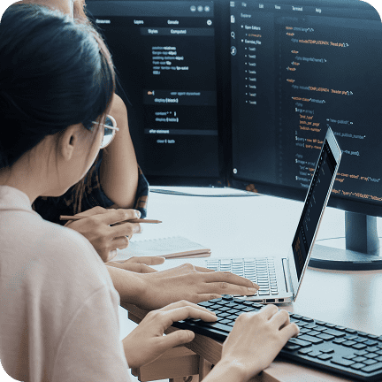 group professional web developer discuss about data analysis while computer screen show computer code modern office close up digital engineering web development concept burgeoning 1